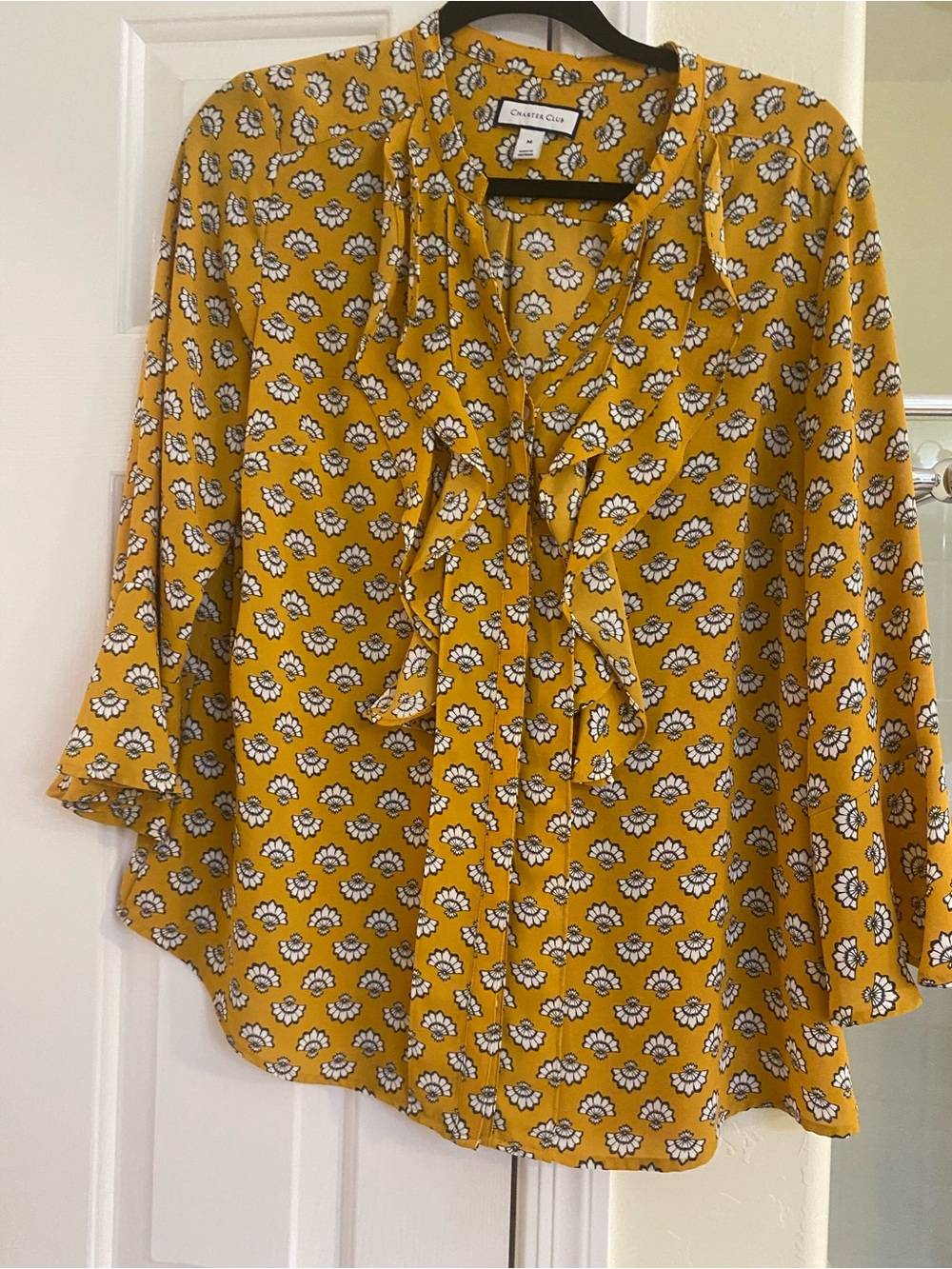 Charter Club Mustard Yellow Floral Tie-Neck Blouse with Ruffle Front